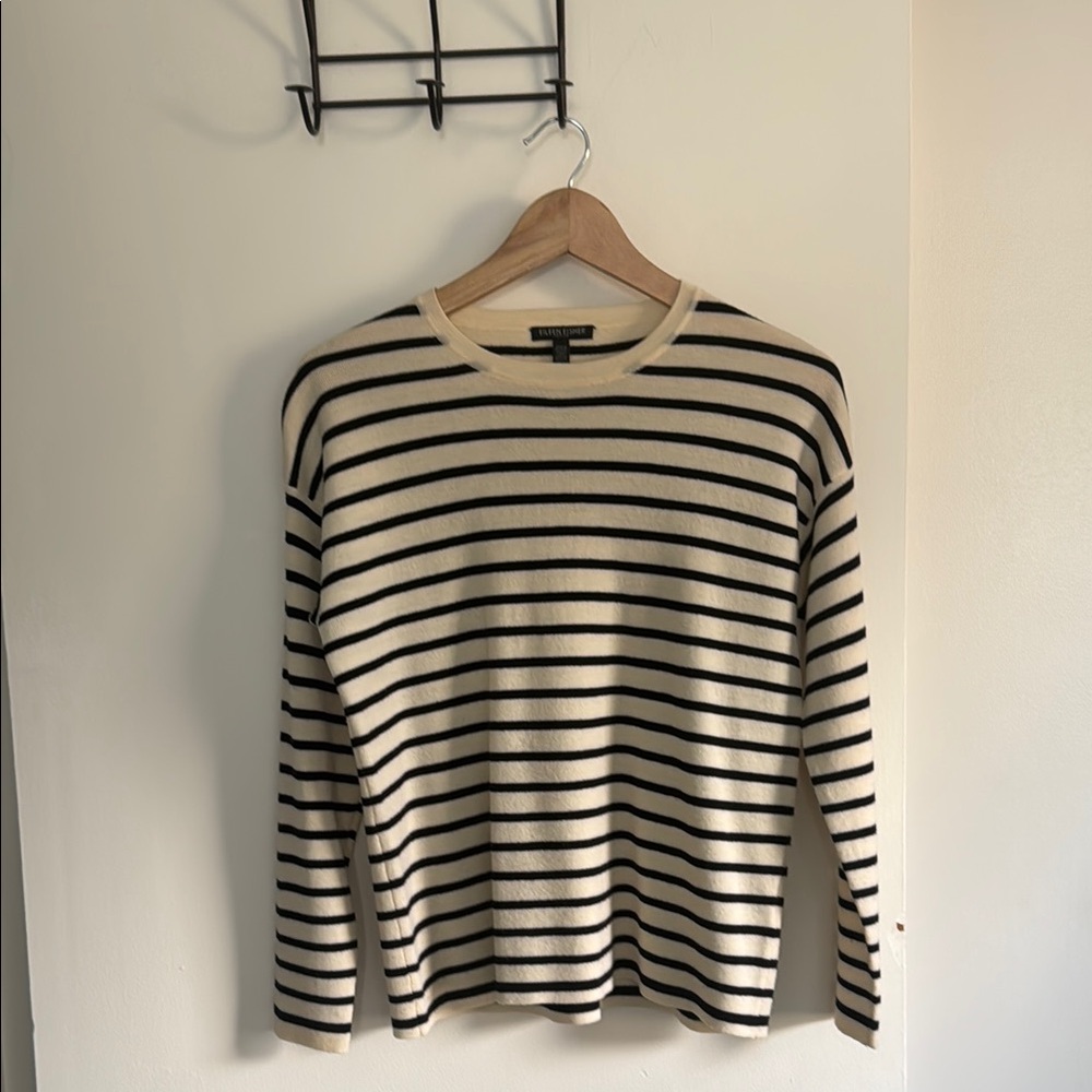 Eileen Fisher Striped Crew Neck Sweater- cream and navy